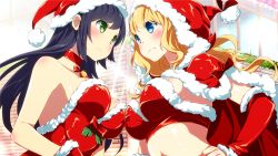 Rule 34 | &gt;:(, 2girls, angry, arguing, asymmetrical docking, bare arms, bare shoulders, bell, black hair, blonde hair, blue eyes, blush, body blush, bow, breast press, breasts, brick wall, bustier, capelet, choker, christmas, cleavage, cloak, colored eyelashes, crop top, detached sleeves, dress, eye contact, face-to-face, female focus, from side, frown, fur trim, game cg, gloves, green eyes, hand on own hip, hands on own hips, hat, holly, hood, hooded cloak, inma, itsumi (sakura santa), large breasts, long hair, looking at another, midriff, multiple girls, neck bell, red dress, red gloves, sakura santa, santa (sakura santa), santa costume, santa gloves, santa hat, serious, shiny clothes, shiny skin, sideboob, sparkle, strapless, strapless dress, tube top, upper body, v-shaped eyebrows, very long hair, wavy hair, window, winged cloud