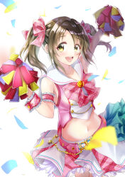 Rule 34 | 1girl, arm up, armband, belt, blurry, blurry foreground, blush, bow, bowtie, breasts, brown eyes, brown hair, buckle, cheerleader, collarbone, confetti, cowboy shot, crop top, cropped shirt, floating hair, frilled skirt, frills, hair bow, hair ribbon, hand up, heart, heart-shaped buckle, highres, holding, holding pom poms, idolmaster, idolmaster cinderella girls, idolmaster cinderella girls starlight stage, imai kana, long hair, looking at viewer, matsurika yuuri, medium breasts, midriff, miniskirt, navel, open mouth, pink belt, pink bow, pink bowtie, pink ribbon, pink shirt, pink skirt, plaid, plaid bow, plaid bowtie, plaid ribbon, plaid skirt, plaid wrist cuffs, pom pom (cheerleading), pom poms, red armband, red wrist cuffs, ribbon, sailor collar, shirt, simple background, skirt, sleeveless, sleeveless shirt, smile, solo, standing, teeth, twintails, upper teeth only, white background, white sailor collar, wrist cuffs
