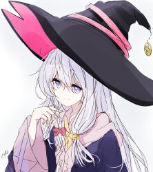 Rule 34 | 1girl, core (mayomayo), elaina (majo no tabitabi), grey hair, hand in own hair, hat, highres, large hat, long hair, long sleeves, majo no tabitabi, purple eyes, ribbon, robe, smile, solo, witch, witch hat
