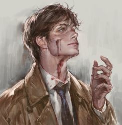 Rule 34 | 1boy, absurdres, black necktie, blood, blood on clothes, blood on face, bm94199, brown eyes, brown hair, collared shirt, highres, korean commentary, long sleeves, looking up, male focus, necktie, original, photo-referenced, shirt, short hair, solo, upper body