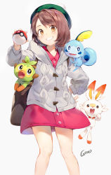 Rule 34 | 1girl, artist name, bag, bare legs, blush, bob cut, brown bag, brown eyes, brown hair, buttons, cardigan, clenched teeth, collared dress, commentary request, creatures (company), dot nose, dress, eyelashes, feet out of frame, game freak, gen 8 pokemon, gilse, gloria (pokemon), green headwear, grey cardigan, grookey, hand on own hip, happy, hat, head tilt, holding, holding poke ball, jumping, legs apart, long sleeves, looking at viewer, nintendo, on shoulder, pink dress, poke ball, poke ball (basic), pokemon, pokemon (creature), pokemon in bag, pokemon on shoulder, pokemon swsh, pom pom (clothes), scorbunny, short dress, short hair, shoulder bag, simple background, smile, sobble, standing, starter pokemon trio, straight hair, tam o&#039; shanter, teeth, white background