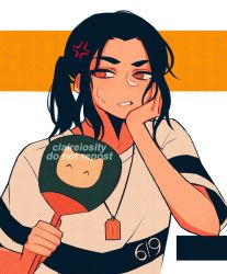 Rule 34 | 1boy, anger vein, annoyed, artist name, baji keisuke, black hair, charm (object), claireiosity, eyebrows, fingernails, fox, hand fan, hand on own face, highres, jewelry, long hair, looking to the side, multicolored hair, necklace, pale skin, ponytail, red eyes, scowl, shirt, short sleeves, striped clothes, striped shirt, sweat, t-shirt, tokyo revengers, twitter username, two-tone background, watermark, white background