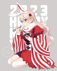 Rule 34 | 1girl, alternate costume, blush, clothing cutout, corrin (female) (fire emblem), corrin (fire emblem), eating, fire emblem, fire emblem fates, hair between eyes, hairband, happy new year, highres, hiyori (rindou66), japanese clothes, juliet sleeves, long hair, long sleeves, looking at viewer, new year, nintendo, pointy ears, puffy sleeves, red eyes, solo, thigh cutout, thighhighs, thighs, wavy hair, white hair, wide sleeves