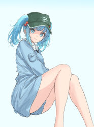 Rule 34 | 1girl, absurdres, ass, blue background, blue eyes, blue hair, blue shirt, blue skirt, breasts, closed mouth, collared shirt, feet out of frame, flat cap, green hat, hair bobbles, hair ornament, hat, highres, kashiwada kiiho, kawashiro nitori, light smile, long sleeves, looking at viewer, medium hair, shirt, simple background, skirt, small breasts, solo, touhou, twintails