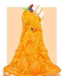 Rule 34 | blueberry, caramel, eating, food, food-themed hair ornament, fruit, hair ornament, highres, liquid, liquid hair, looking at viewer, monster girl, navel, non-web source, pancake, pancake stack, qnnpw61, slime girl, strawberry, tagme