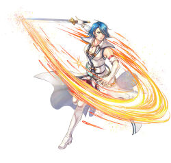 Rule 34 | 1girl, blue eyes, blue hair, boots, breasts, cleavage, elbow gloves, fingerless gloves, fire emblem, fire emblem: radiant dawn, fire emblem heroes, gloves, hair over one eye, jewelry, leggings, lucia (fire emblem), medium breasts, necklace, nintendo, official art, parted lips, short hair, solo, sword, thigh boots, waistcoat, weapon, white footwear