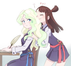 Rule 34 | 2girls, blonde hair, blue eyes, blush, book, brown hair, couple, diana cavendish, closed eyes, happy, hoyon, kagari atsuko, little witch academia, looking at another, luna nova school uniform, multicolored hair, multiple girls, quill, school uniform, simple background, sitting, smile, surprised, thighs, uniform, wavy hair, white background, writing, yuri