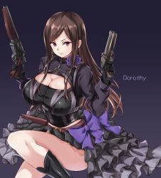 Rule 34 | 1girl, alternate breast size, belt, black footwear, black gloves, black skirt, boots, bow, breasts, brown hair, character name, chest harness, cleavage, cleavage cutout, clothing cutout, dorothy (princess principal), dual wielding, female focus, frilled skirt, frills, gloves, gradient background, gun, handgun, harness, highres, holding, holding gun, holding weapon, holster, huge breasts, layered skirt, long hair, long sleeves, looking at viewer, o-ring, parted bangs, parted lips, princess principal, purple background, purple bow, purple eyes, puru (ex-150), revolver, sidelocks, skirt, smirk, solo, straight hair, thighs, weapon