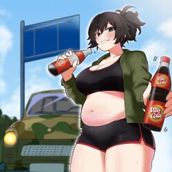 Rule 34 | 1girl, alternate hairstyle, amogan, black shorts, black sports bra, blue eyes, blue sky, bottle, breasts, brown hair, camouflage, car, cleavage, cloud, cloudy sky, cola, commentary, commission, day, dolphin shorts, emblem, english commentary, girls und panzer, green shirt, grin, hair up, hida ema, highres, holding, holding bottle, kuromorimine (emblem), large breasts, long sleeves, looking at viewer, micro shorts, motor vehicle, navel, open clothes, open shirt, outdoors, pixiv commission, plump, shirt, short hair, short ponytail, shorts, sky, smile, soda bottle, solo, sports bra, standing, sweat, thick thighs, thighs