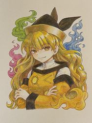 Rule 34 | 1girl, black hat, blonde hair, breasts, brown hat, cape, closed mouth, commentary request, constellation, constellation print, crossed arms, detached sleeves, energy, eyes visible through hair, fingernails, grey background, grey shirt, hair between eyes, hat, highres, long hair, long sleeves, looking at viewer, matara okina, medium breasts, orange cape, shirt, simple background, smile, socha, solo, tabard, touhou, traditional media, upper body, wide sleeves, yellow eyes
