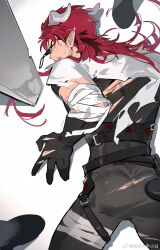 Rule 34 | 1boy, arknights, ass, ass peek, bandaged arm, bandages, bara, black shirt, blood, cuts, demon horns, eloseu (haribochase), facial hair, feet out of frame, from above, highres, hoederer (arknights), horns, injury, long hair, looking at viewer, looking back, lying, male focus, muscular, muscular male, on stomach, pointy ears, pov, red hair, shirt, solo focus, stubble, thick eyebrows