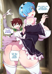 Rule 34 | 1boy, 1girl, arched back, artist name, ass, black dress, blue eyes, blue hair, blunt bangs, blurry, blurry background, bokuman, boots, bow, bow panties, breasts, brown footwear, brown hair, capelet, censored, censored by text, clothes theft, commentary, convenient censoring, day, detached sleeves, dress, english commentary, english text, frilled sleeves, frills, from behind, green capelet, green eyes, grey shirt, hair between eyes, hair ornament, hair over one eye, holding, holding clothes, holding panties, holding underwear, indoors, isekai quartet, kono subarashii sekai ni shukufuku wo!, large breasts, leaning forward, looking back, looking up, no panties, open mouth, panties, patreon username, pervert, petticoat, re:zero kara hajimeru isekai seikatsu, rem (re:zero), satou kazuma, shirt, shoulder blades, standing, sunlight, theft, thighhighs, thighs, twisted torso, underwear, underwear theft, watermark, web address, white panties, white shirt, wide sleeves, wind, wind lift, x hair ornament