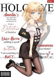 Rule 34 | 1girl, 2021, absurdres, august, bag, barcode, bare shoulders, black bag, black footwear, black pantyhose, black ribbon, black skirt, blonde hair, blue eyes, blush, cellphone, censored, character name, copyright name, cover, english text, hair ornament, hairclip, handbag, high heels, highres, holding, holding phone, hololive, hololive english, jewelry, july, kneeling, magazine cover, meme, necklace, official alternate costume, official alternate hairstyle, pantyhose, phone, profanity, puffy short sleeves, puffy sleeves, pumps, ribbon, shadow, shirt, short hair, short sleeves, side ponytail, skirt, smartphone, solo, text background, text focus, tongue, tongue out, virtual youtuber, volar uwu, watson amelia, watson amelia (street casual), white background, white shirt, zipper