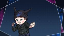 Rule 34 | 1boy, beanie, belt, belt buckle, black belt, black eyes, black hat, black pants, black shirt, black sleeves, blue background, blue pants, blush stickers, brown hair, buckle, buttons, cigarette, clenched hand, collared jacket, commentary request, cowboy shot, danganronpa (series), danganronpa v3: killing harmony, half-closed eyes, hat, holding, holding cigarette, horned hat, hoshi ryoma, jacket, lapels, layered sleeves, leather, leather jacket, long sleeves, looking at viewer, male focus, notched lapels, official style, outside border, outstretched hand, pants, parody, parted lips, pocket, polka dot, polka dot background, shirt, short hair, simple background, solo, striped clothes, striped pants, striped shirt, studded belt, style parody, teeth, two-tone pants, v-shaped eyes, yumaru (marumarumaru), zipper, zipper pull tab