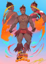 Rule 34 | 1boy, abs, apron, bara, blush, character name, collarbone, commentary request, creatures (company), dark-skinned male, dark skin, fire, game freak, highres, holding, jewelry, kiawe (pokemon), knees, large pectorals, male focus, male underwear, multicolored hair, multiple views, necklace, nintendo, open mouth, parted lips, pectorals, pink apron, pokemon, pokemon sm, sandals, shirt, signature, smile, star (symbol), teeth, thighs, toes, tongue, topless male, trial captain, underwear, yuufreak