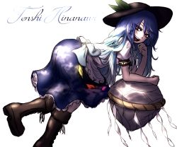 Rule 34 | 1girl, arm rest, ass, blue hair, blue skirt, blue sky, boots, bow, character name, head rest, cloud, colored eyelashes, cross-laced footwear, eyelashes, frilled skirt, frills, from side, hat, hinanawi tenshi, keystone, leaf, leaning forward, long hair, looking at viewer, miata (miata8674), open mouth, red eyes, rock, rope, shide, shirt, simple background, skirt, sky, smile, solo, sunlight, touhou, very long hair, white background, white bow, white shirt