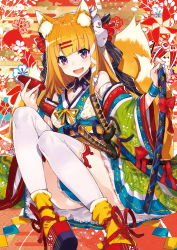 Rule 34 | 1girl, absurdres, animal ears, artist name, bare shoulders, blonde hair, blunt bangs, blush, collaboration, detached sleeves, fox ears, fox mask, fox tail, hair ornament, hair ribbon, hairclip, highres, hiiragi ryou, holding, holding sword, holding weapon, japanese clothes, katana, kimono, kimono skirt, long hair, looking at viewer, mask, mask on head, mika pikazo, open mouth, original, pleated skirt, purple eyes, ribbon, scabbard, scan, sheath, sheathed, signature, sitting, skirt, smile, solo, sword, tail, thighhighs, weapon, white thighhighs, wide sleeves, wristband