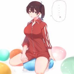 Rule 34 | 1girl, balloon, breasts, brown eyes, brown hair, cosplay, folte, jacket, kaga (kancolle), kantai collection, large breasts, long hair, looking at viewer, michishio (kancolle), michishio (kancolle) (cosplay), red track suit, short shorts, shorts, side ponytail, simple background, sitting, solo, track jacket, track suit, white background