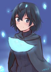 Rule 34 | 1girl, absurdres, black cape, black eyes, black hair, black sweater, cape, commentary, hair between eyes, highres, kemono friends, long sleeves, looking at viewer, shiraha maru, short hair, sketch, smile, solo, split mouth, superb bird-of-paradise (kemono friends), sweater, teeth, turtleneck, turtleneck sweater, upper teeth only