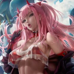 Rule 34 | 1girl, alternate costume, animal ears, bikini, breasts, candy, cropped, darling in the franxx, detached sleeves, fake animal ears, fake horns, food, gloves, green eyes, horns, large breasts, lollipop, long hair, looking at viewer, mecha, open mouth, pink hair, red bikini, robot, sakimichan, swimsuit, tongue, tongue out, zero two (darling in the franxx)