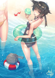 Rule 34 | 2girls, asdj, ass, beach, black hair, blue one-piece swimsuit, breasts, character request, chou-10cm-hou-chan, clip studio paint (medium), competition swimsuit, food, full body, grey eyes, groin, hachimaki, hatsuzuki (kancolle), headband, highres, ice cream, kantai collection, lifebuoy, medium breasts, multiple girls, official alternate costume, one-piece swimsuit, short hair, small breasts, swim ring, swimsuit, tagme, two-tone swimsuit, white one-piece swimsuit