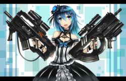 Rule 34 | 1girl, blue eyes, blue hair, bullpup, dress, dual wielding, flower, gia, grenade launcher, gun, hair ornament, highres, holding, letterboxed, matching hair/eyes, open mouth, outside border, scope, solo, suppressor, underbarrel grenade launcher, weapon