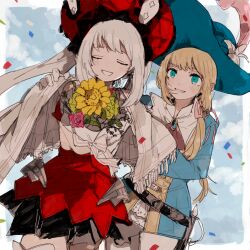 Rule 34 | 1girl, 1other, androgynous, belt, blonde hair, blue coat, blue eyes, bow, chevalier d&#039;eon (fate), closed eyes, coat, confetti, dress, eyelashes, fate (series), flower, grin, hat, hat flower, holding, holding flower, large hat, marie antoinette (fate), noyuu, pants, pink ribbon, ponytail, rapier, red dress, red flower, red headwear, red rose, ribbon, rose, smile, striped, striped bow, sword, thighhighs, weapon, white flower, white pants, yellow flower, zettai ryouiki