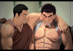 Rule 34 | 2boys, abs, akihiro altland, arm around shoulder, bara, bare pectorals, blush, breath, character request, clothes lift, cum, cum on body, cum on male, cum on pectorals, facial hair, frown, gundam, gundam tekketsu no orphans, implied masturbation, large pectorals, looking at another, male focus, mature male, multiple boys, muscular, muscular male, mustache, nipples, out-of-frame censoring, pectoral cleavage, pectorals, shirt behind neck, shirt lift, short hair, sideburns, sidepec, stomach, sweat, sweatdrop, takejirog, tank top, white tank top, yaoi
