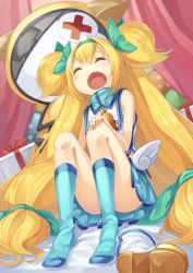 Rule 34 | 1girl, ankle boots, blazblue, blonde hair, boots, unworn boots, character doll, convenient leg, gurasion (gurasion), jubei (blazblue), long hair, platinum the trinity, ribbon, shoes, unworn shoes, socks, solo, twintails, very long hair, white footwear, yawning