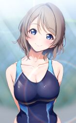 Rule 34 | 1girl, amagi (volfuji), bare arms, bare shoulders, blue eyes, blush, breasts, brown hair, cleavage, closed mouth, collarbone, competition swimsuit, highres, large breasts, looking at viewer, love live!, love live! sunshine!!, one-piece swimsuit, short hair, smile, solo, swept bangs, swimsuit, upper body, watanabe you