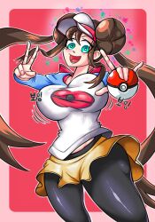 Rule 34 | 1girl, bidul (bidul72476120), blue eyes, blush, bouncing breasts, breasts, cleavage, creatures (company), double bun, female focus, game freak, hair bun, highres, holding, holding poke ball, large breasts, long hair, looking at viewer, nintendo, open mouth, poke ball, pokemon, pokemon bw2, rosa (pokemon), short hair, solo, thigh gap, translation request, v, visor cap, wide hips