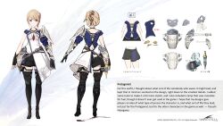 Rule 34 | 1girl, absurdres, armor, black footwear, black gloves, black skirt, blonde hair, blue shirt, boots, closed mouth, collarbone, commentary, concept art, copyright name, ein (female) (harvestella), ein (harvestella), english commentary, english text, fingerless gloves, full body, gauntlets, gloves, harvestella, highres, long hair, official art, pauldrons, ponytail, shirt, shoulder armor, single fingerless glove, single pauldron, single sleeve, skirt, sleeveless, sleeveless shirt, smile, solo, thigh boots, yasushi hasegawa