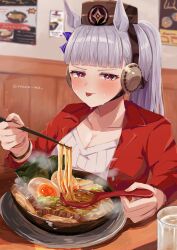 Rule 34 | 1girl, absurdres, animal ears, blush, bow, bowl, breasts, brown headwear, cleavage, commentary request, ear bow, eating, egg, food, glass, gold ship (umamusume), grey hair, highres, holding, holding spoon, horse ears, horse girl, indoors, jacket, large breasts, looking at viewer, mare ma, noodles, pillbox hat, plate, ponytail, purple bow, purple eyes, ramen, red jacket, sitting, solo, spoon, sweat, sweater, tongue, tongue out, twitter username, umamusume, upper body, watch, white sweater, wristwatch