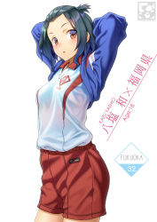 Rule 34 | 1girl, arms behind back, arms up, artist logo, artist name, bangs pinned back, black hair, blue jacket, blush, breasts, brown eyes, clothes writing, commentary request, cowboy shot, forehead, gym shirt, gym shorts, gym uniform, highres, jacket, long sleeves, looking at viewer, medium hair, one side up, open clothes, open jacket, original, pairan, parted lips, red shorts, shirt, shorts, simple background, small breasts, solo, track jacket, white background, white shirt, yashio kazu