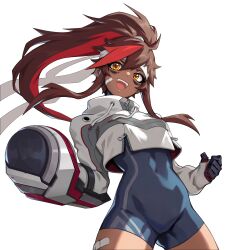 Rule 34 | 1girl, absurdres, artist request, ass, bandage on thigh, bandaid, bandaid on cheek, bandaid on face, bodysuit, breasts, brown hair, covered navel, dark-skinned female, dark skin, facial mark, fist pump, gluteal fold, headband, highres, jacket, juliette (omega strikers), long hair, navel, official art, omega strikers, orange eyes, ponytail, red hair, skin tight, small breasts, smile, solo, teeth, toned, toned female, toned stomach, upper teeth only, white headband, white jacket, zipper, zipper pull tab