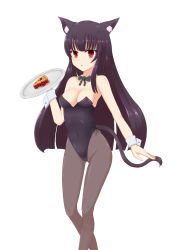 Rule 34 | 1girl, animal ears, black bow, black bowtie, black hair, black leotard, black pantyhose, bow, bowtie, cat ears, cat tail, detached collar, food, gluteal fold, habu rin, highres, kittysuit, leotard, looking at viewer, nontraditional playboy bunny, original, pantyhose, pie, red eyes, simple background, solo, strapless, strapless leotard, tail, tray, white background, wrist cuffs