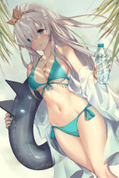 Rule 34 | 1girl, 2020, anastasia (fate), aqua bikini, aqua eyes, aqua nails, bare shoulders, bikini, blurry, blurry background, blush, bottle, branch, breasts, cleavage, collarbone, commentary, english commentary, fate/grand order, fate (series), fence, flower, foreshortening, groin, hair flower, hair ornament, halterneck, high ponytail, highres, holding, holding swim ring, innertube, jewelry, large breasts, light smile, long hair, looking at viewer, lucidsky, nail polish, navel, parted lips, side-tie bikini bottom, signature, skindentation, solo, standing, string bikini, swim ring, swimsuit, thighs, underboob, water, water bottle, wet, white hair