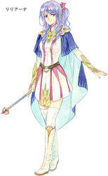 Rule 34 | agahari, arm at side, belt, blue cape, boots, breasts, cape, dress, drill hair, full body, gorget, hair ornament, holding, holding wand, holding weapon, knee boots, liliana (lost technology), long hair, looking at viewer, lost technology, non-web source, outstretched arm, pleated dress, purple eyes, purple hair, short dress, side drill, side ponytail, simple background, smile, solo, thighhighs, twin drills, two-sided cape, two-sided fabric, vambraces, walking, wand, weapon, white background, white dress, white footwear, white thighhighs, zettai ryouiki