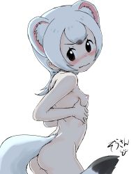 Rule 34 | 10s, 1girl, absurdres, animal ear fluff, ass, blush, breasts, brown eyes, embarrassed, extra ears, from behind, grabbing own breast, highres, kemono friends, masuyama ryou, multicolored hair, nipples, nude, short hair, small breasts, solo, standing, stoat (kemono friends), weasel ears, weasel tail, tearing up, wavy mouth, white background, white hair
