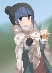 Rule 34 | 1girl, absurdres, black gloves, black headwear, blue hair, chopsticks, closed mouth, coat, commentary request, cup, dress, fingerless gloves, gloves, green coat, highres, holding, holding chopsticks, holding cup, instant ramen, kicchi (tmgk), nissin cup noodle, open clothes, open coat, purple eyes, red dress, scarf, shima rin, sidelocks, smile, solo, yurucamp
