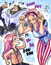 Rule 34 | 1boy, 2girls, aged down, artist request, bartholomew kuma, breasts, child, clenched hands, dancing, eyewear on head, family, father and daughter, freckles, ginny (one piece), grin, happy, highres, jewelry bonney, jumping, large breasts, long hair, looking at another, medium hair, midriff, mother and daughter, multiple girls, no bra, one piece, simple background, smile, time paradox, twitter username, wide hips
