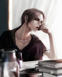 Rule 34 | 1boy, androgynous, book, bookmark, jewelry, lily (artist), long hair, looking away, lowres, male focus, naruto, naruto (series), necklace, parted lips, red eyes, short sleeves, solo, uchiha itachi