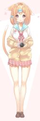 Rule 34 | 1girl, animal ears, blonde hair, bow, bowtie, breasts, cat ears, cat tail, cherry blossoms, collar, double v, extra ears, flower, hair flower, hair ornament, hairclip, heart, highres, iku kurumi, large breasts, loafers, long hair, long sleeves, looking at viewer, low twintails, one eye closed, open mouth, original, outstretched arm, p19, red eyes, shirt, shoes, simple background, skirt, solo, sweater, tail, thighhighs, twintails, v, virtual youtuber, white background, zettai ryouiki