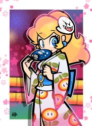 Rule 34 | 1girl, absurdres, alternate costume, alternate hairstyle, artist name, blonde hair, blooper (mario), blue eyes, blue sash, blueborg16, boo (mario), border, breasts, bright pupils, clenched hand, closed mouth, covering own mouth, earrings, eyelashes, fire flower, floral background, floral print, flower, gem, ghost mask, hand fan, hands up, high ponytail, highres, holding, holding fan, japanese clothes, jewelry, kimono, long hair, long sleeves, looking at viewer, mario (series), mask, mask on head, medium breasts, nintendo, obi, outline, princess peach, print kimono, sash, silhouette, solo, standing, super mario odyssey, white border, white kimono, white outline, white pupils, wide sleeves, yukata