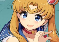 Rule 34 | 1girl, artist name, bad id, bad pixiv id, bishoujo senshi sailor moon, blonde hair, blue eyes, blue sailor collar, blush, chintora0201, choker, circlet, collarbone, commentary request, crescent, crescent earrings, derivative work, earrings, fang, hair ornament, heart, heart choker, jewelry, long hair, looking at viewer, meme, parted bangs, red choker, sailor collar, sailor moon, sailor moon redraw challenge (meme), skin fang, solo, tearing up, twintails, upper body