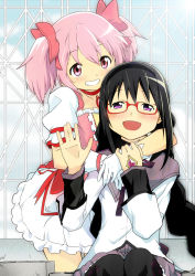 Rule 34 | 10s, 2girls, :d, akemi homura, bad id, bad pixiv id, black hair, black pantyhose, blush, bow, braid, bubble skirt, choker, glasses, gloves, grin, hair bow, hairband, hand up, highres, hug, hug from behind, jewelry, kaname madoka, long hair, long sleeves, magical girl, mahou shoujo madoka magica, mahou shoujo madoka magica (anime), multiple girls, open m/, open mouth, pantyhose, pendant, pink eyes, pink hair, pride chicken, purple eyes, red-framed eyewear, shirt, short sleeves, sitting, skirt, smile, twin braids, twintails, very long hair, white gloves