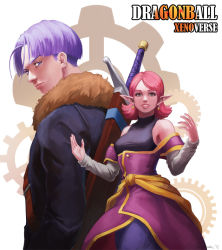 Rule 34 | 1boy, 1girl, artist name, bare shoulders, chronoa, colored skin, copyright name, dated, detached sleeves, dragon ball, dragon ball xenoverse, dress, earrings, gears, jacket, jewelry, light purple hair, pink hair, pink skin, pointy ears, purple eyes, signature, smile, sun stark, supreme kai of time, sword, trunks (dragon ball), trunks (future) (dragon ball), weapon