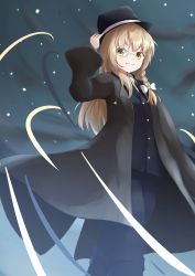 Rule 34 | 1girl, alternate costume, alternate headwear, arm up, bespectacled, black coat, black hat, black pants, black shirt, blonde hair, braid, coat, commentary request, fedora, from below, glasses, grin, hair ribbon, hand on headwear, hat, highres, kirisame marisa, light trail, long hair, looking at viewer, monocle, night, open clothes, open coat, outdoors, pants, resa 7z (resastr), ribbon, shirt, single braid, sky, smile, solo, standing, star (sky), starry sky, touhou, tress ribbon, very long hair, yellow eyes