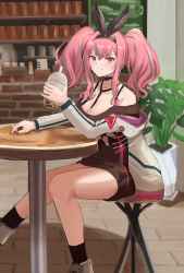 Rule 34 | 1girl, absurdres, azur lane, bare legs, black dress, black hairband, breasts, bremerton (azur lane), bremerton (day-off date) (azur lane), bubble tea, cleavage, commentary, cup, disposable cup, dress, feet out of frame, grey hair, grey jacket, hairband, highres, holding, holding cup, indoors, jacket, long hair, long sleeves, medium breasts, multicolored hair, off-shoulder dress, off shoulder, pink eyes, pink hair, plant, potted plant, remapack77, short dress, sitting, solo, streaked hair, sweater, sweater dress, thighs, twintails