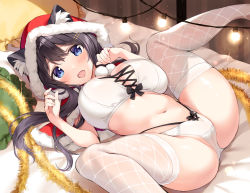 Rule 34 | 1girl, :d, animal ear fluff, animal ears, ass, bed sheet, black hair, blue eyes, bra, breasts, commentary request, dress, feet out of frame, highres, large breasts, long hair, looking at viewer, lying, navel, on back, on bed, open mouth, original, oryo (oryo04), panties, pillow, santa dress, second-party source, smile, solo, spread legs, string lights, thighhighs, thighs, underwear, white bra, white panties, white thighhighs